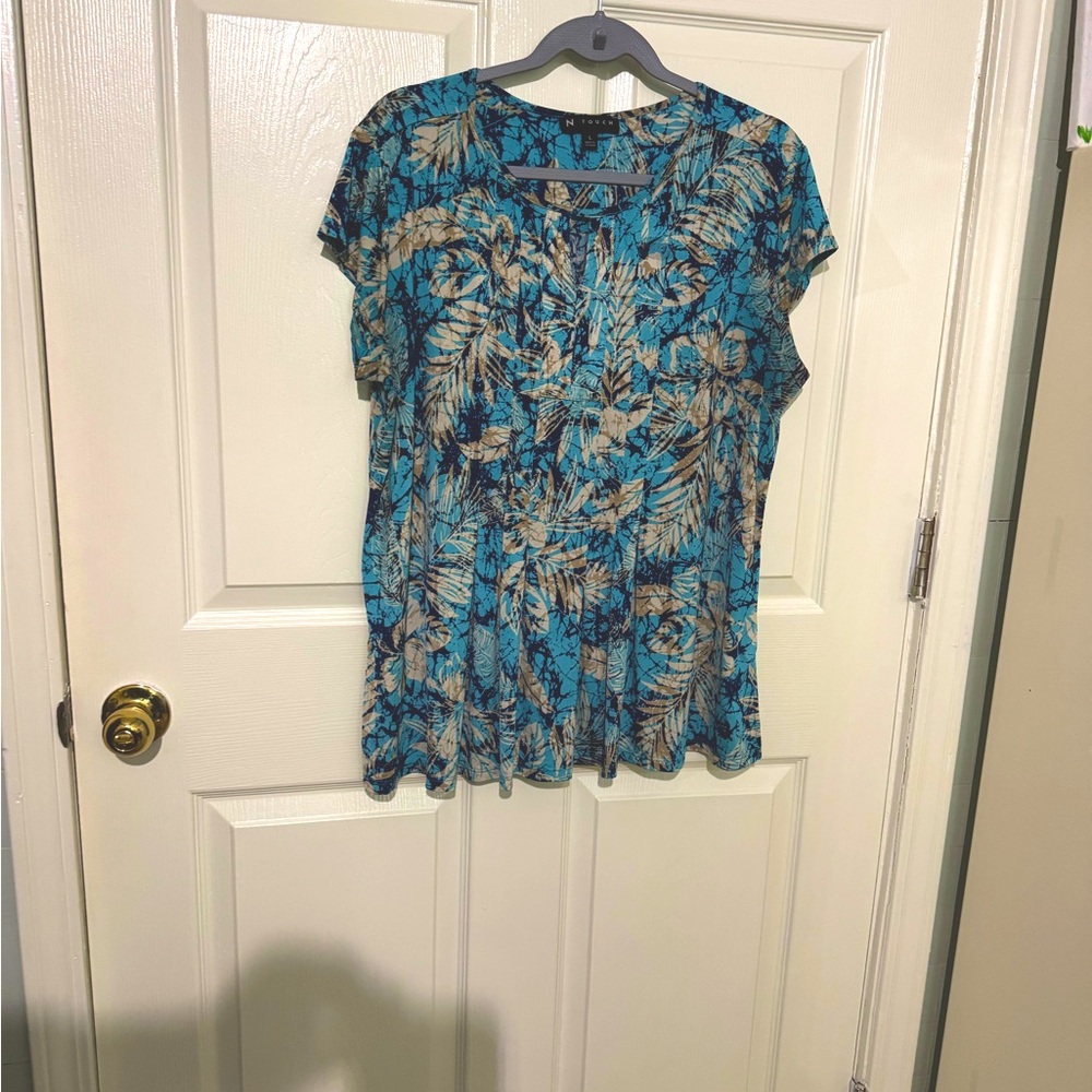 Blue and Brown Leaf Print Women's Top